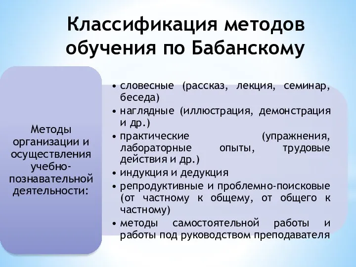 Классификация методов обучения по Бабанскому