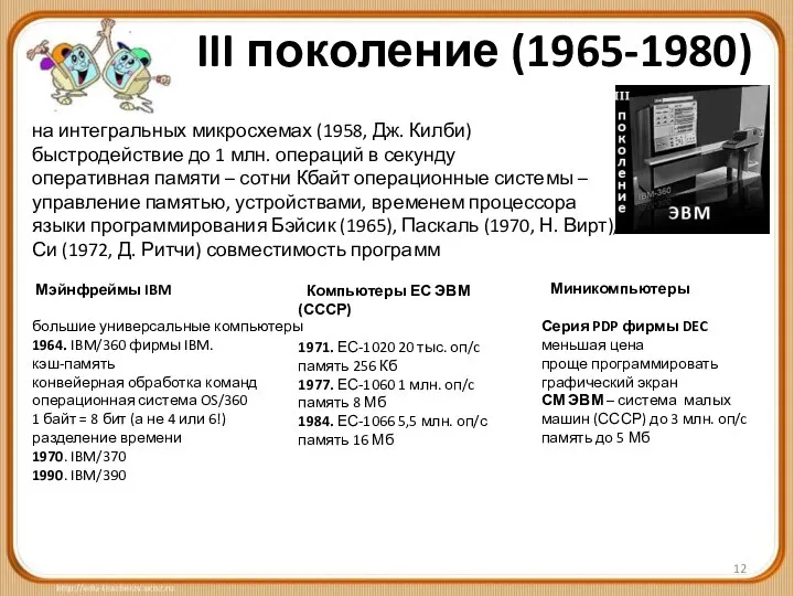 III поколение (1965-1980) на интегральных микросхемах (1958, Дж. Килби) быстродействие до