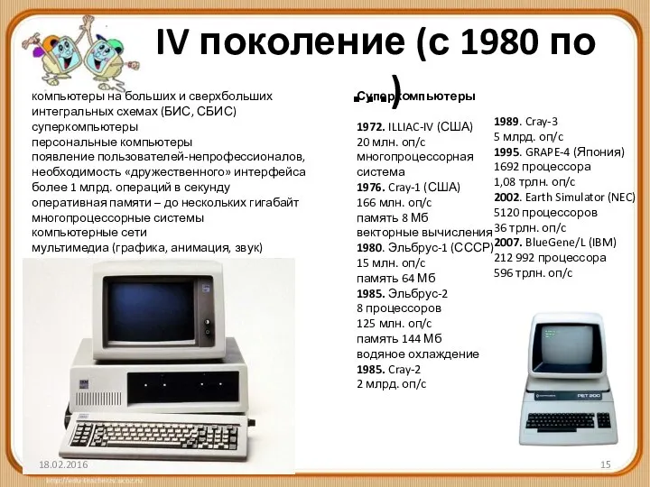 IV поколение (с 1980 по …) компьютеры на больших и сверхбольших