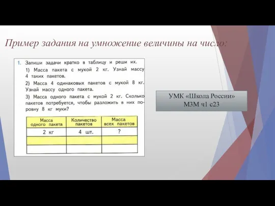 Пример задания на умножение величины на число: УМК «Школа России» М3М ч1 с23