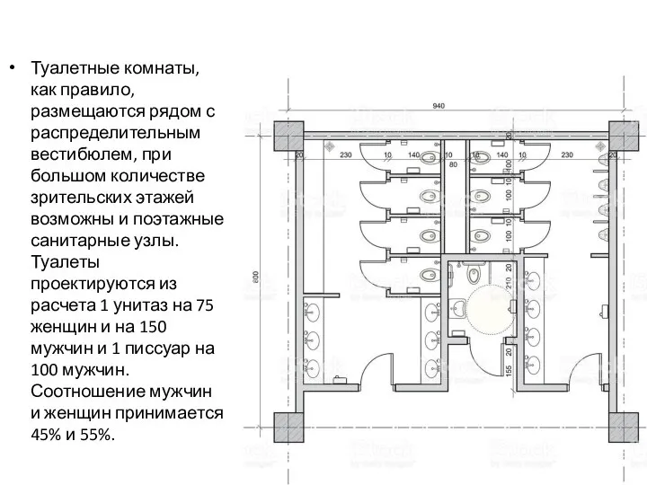 Туалетные комнаты, как правило, размещаются рядом с распределительным вестибюлем, при большом