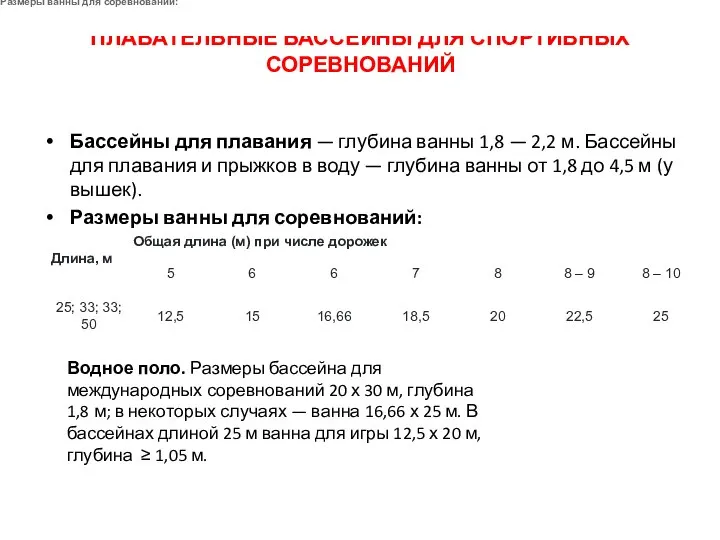 ПЛАВАТЕЛЬНЫЕ БАССЕЙНЫ ДЛЯ СПОРТИВНЫХ СОРЕВНОВАНИЙ Бассейны для плавания — глубина ванны