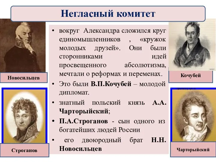 вокруг Александра сложился круг единомышленников , «кружок молодых друзей». Они были