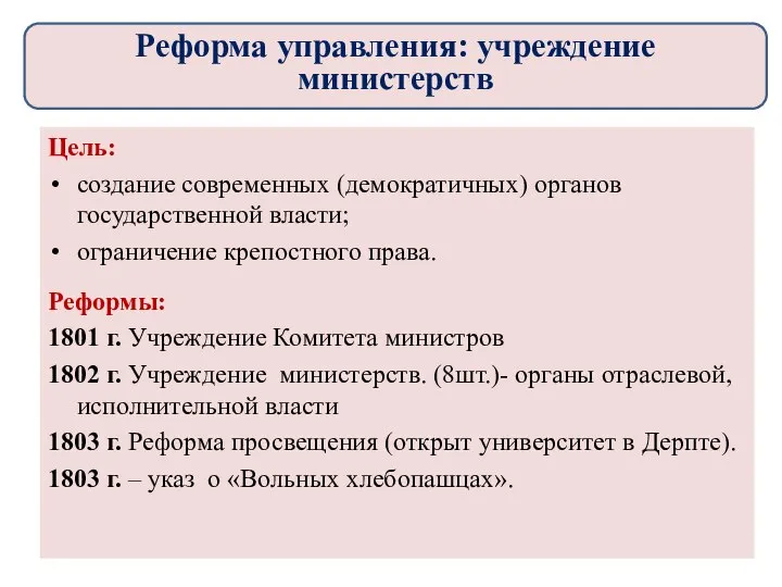 Цель: создание современных (демократичных) органов государственной власти; ограничение крепостного права. Реформы: