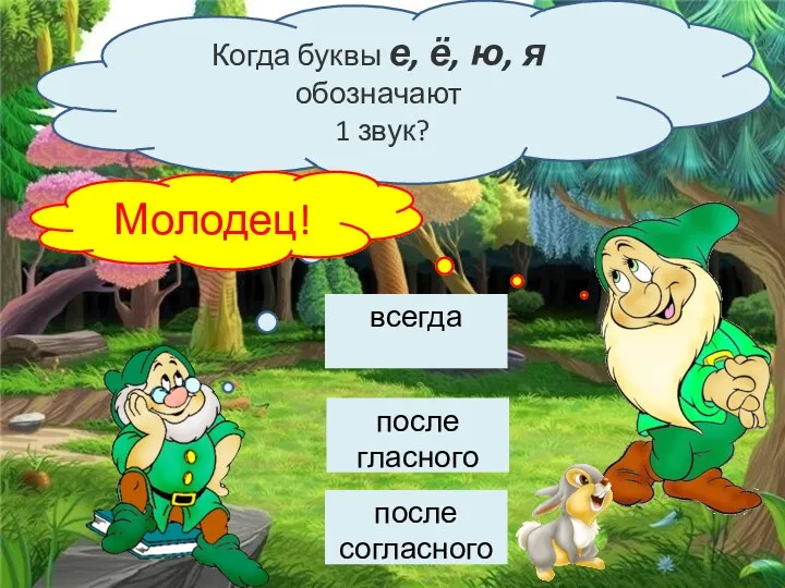 Когда буквы е, ё, ю, я обозначают 1 звук? после согласного после гласного всегда Подумай… Молодец!