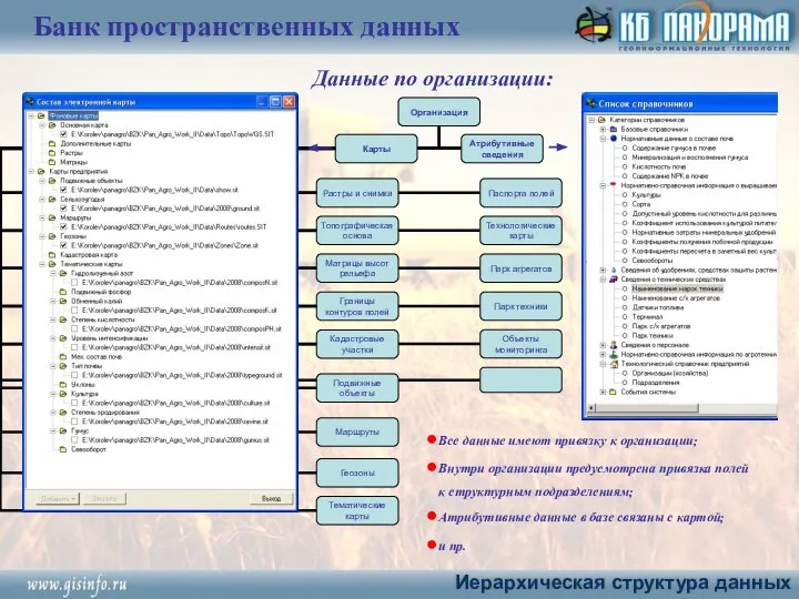 Все данные имеют привязку к организации; Внутри организации предусмотрена привязка полей