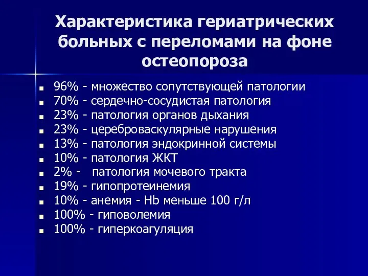 Характеристика гериатрических больных с переломами на фоне остеопороза 96% - множество