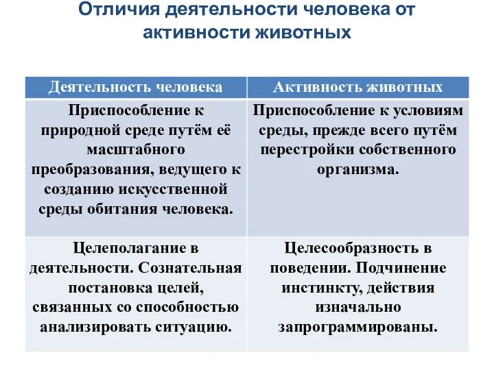 Отличия деятельности человека от активности животных