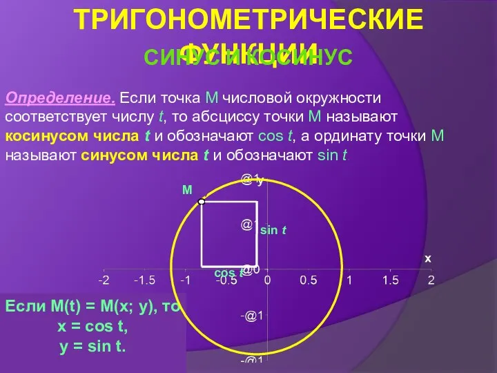 Определение. Если точка М числовой окружности соответствует числу t, то абсциссу