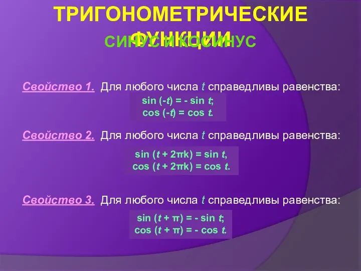 Свойство 1. Для любого числа t справедливы равенства: Свойство 2. Для