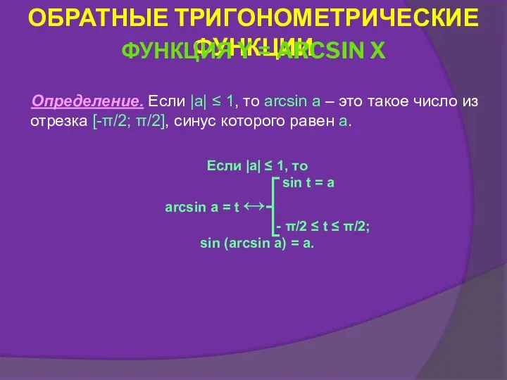 Определение. Если |a| ≤ 1, то arcsin a – это такое