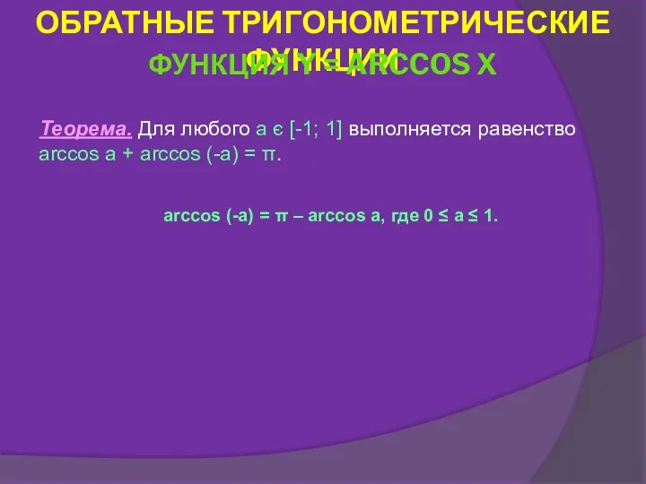 Теорема. Для любого a є [-1; 1] выполняется равенство arccos a