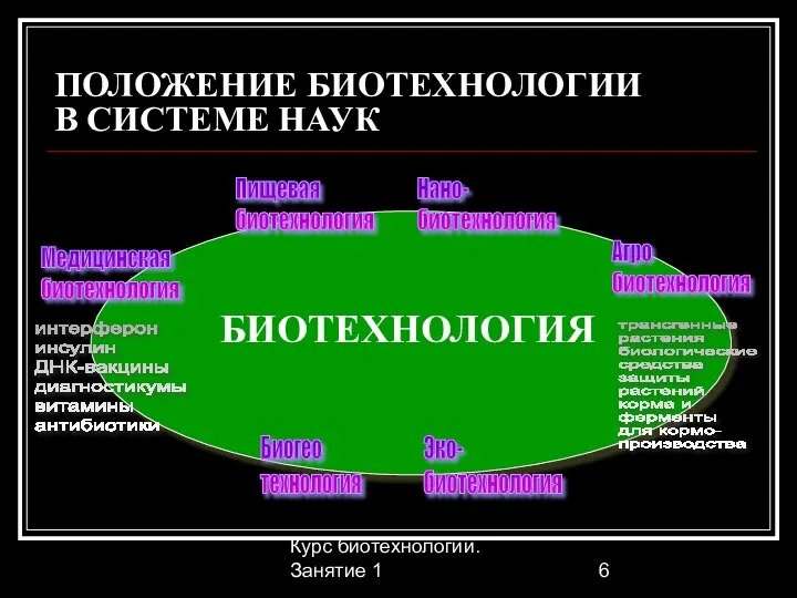 Курс биотехнологии. Занятие 1 ПОЛОЖЕНИЕ БИОТЕХНОЛОГИИ В СИСТЕМЕ НАУК БИОТЕХНОЛОГИЯ Пищевая