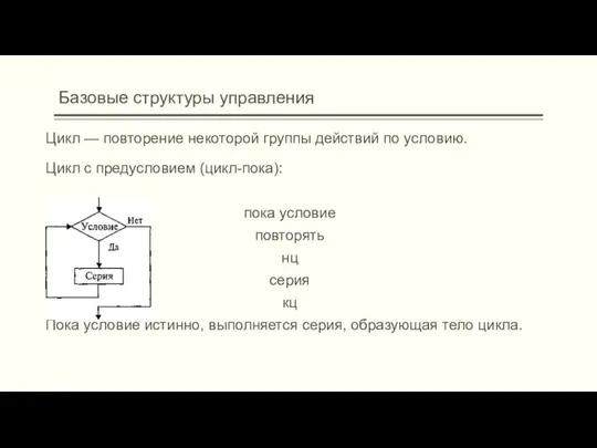 Базовые структуры управления Цикл — повторение некоторой группы действий по условию.