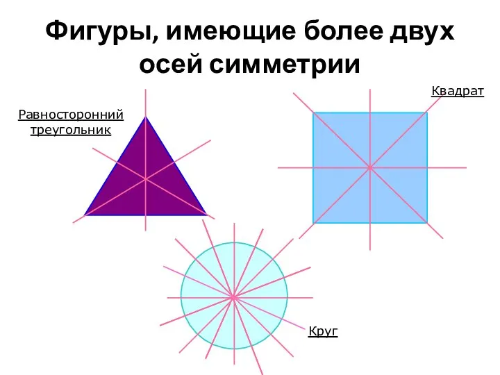 Фигуры, имеющие более двух осей симметрии Равносторонний треугольник Квадрат Круг