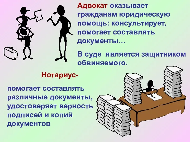 Адвокат оказывает гражданам юридическую помощь: консультирует, помогает составлять документы… В суде