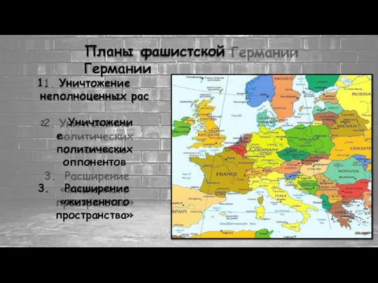 Планы фашистской Германии Уничтожение неполноценных рас Уничтожение политических оппонентов Расширение «жизненного пространства»