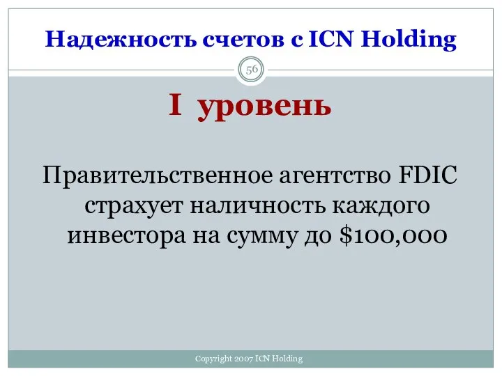 Надежность счетов с ICN Holding I уровень Правительственное агентство FDIC страхует