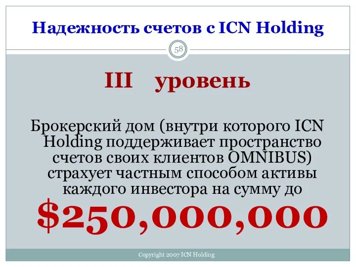 Надежность счетов с ICN Holding III уровень Брокерский дом (внутри которого