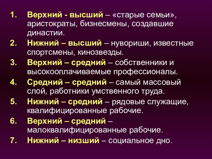 Верхний - высший – «старые семьи», аристократы, бизнесмены, создавшие династии. Нижний