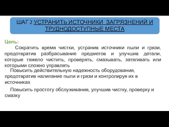 ШАГ 2 УСТРАНИТЬ ИСТОЧНИКИ ЗАГРЯЗНЕНИЙ И ТРУДНОДОСТУПНЫЕ МЕСТА Цель: Сократить время