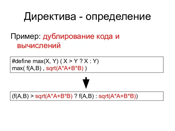 Директива - определение Пример: дублирование кода и вычислений (f(A,B) > sqrt(A*A+B*B)