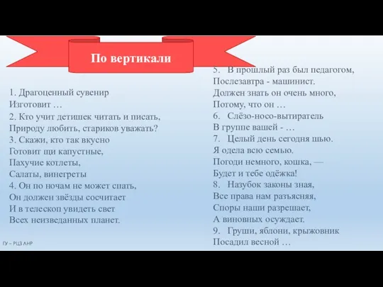 По вертикали 1. Драгоценный сувенир Изготовит … 2. Кто учит детишек