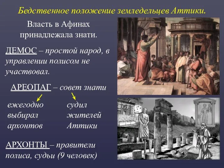 Бедственное положение земледельцев Аттики. Власть в Афинах принадлежала знати. ДЕМОС –