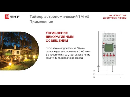 Таймер астрономический TM-AS Применение УПРАВЛЕНИЕ ДЕКОРАТИВНЫМ ОСВЕЩЕНИМ Включение подсветки за 30