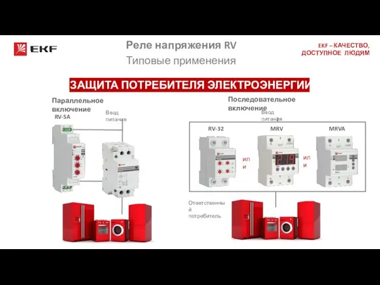 Реле напряжения RV Типовые применения ЗАЩИТА ПОТРЕБИТЕЛЯ ЭЛЕКТРОЭНЕРГИИ Параллельное включение Последовательное