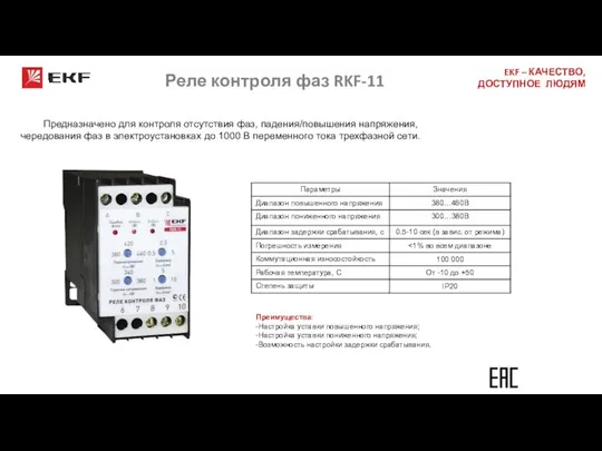 Реле контроля фаз RKF-11 Спасибо за внимание! Предназначено для контроля отсутствия