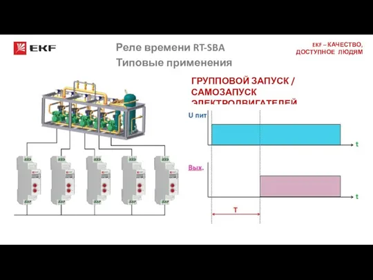 Реле времени RT-SBA Типовые применения Запуск первого электродвигателя происходит без задержки,