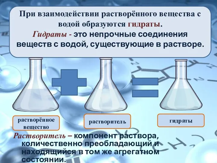 При взаимодействии растворённого вещества с водой образуются гидраты. Гидраты - это