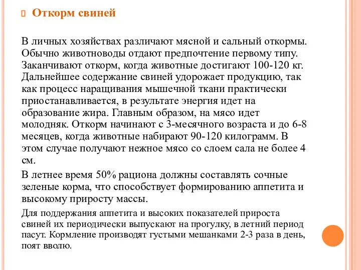 Откорм свиней В личных хозяйствах различают мясной и сальный откормы. Обычно