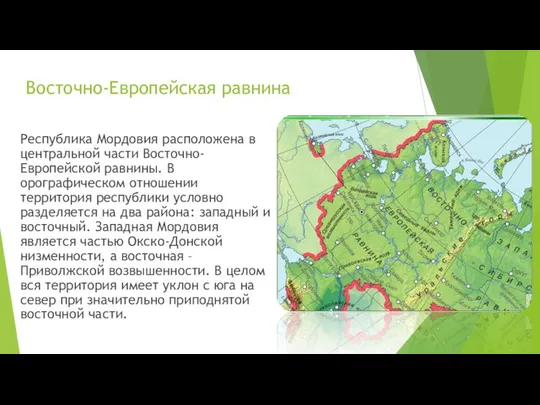 Восточно-Европейская равнина Республика Мордовия расположена в центральной части Восточно-Европейской равнины. В