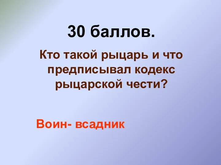 30 баллов. Кто такой рыцарь и что предписывал кодекс рыцарской чести? Воин- всадник