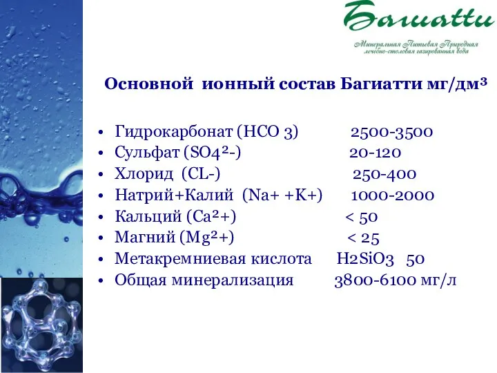 Гидрокарбонат (НСО 3) 2500-3500 Сульфат (SO4²-) 20-120 Хлорид (CL-) 250-400 Натрий+Калий