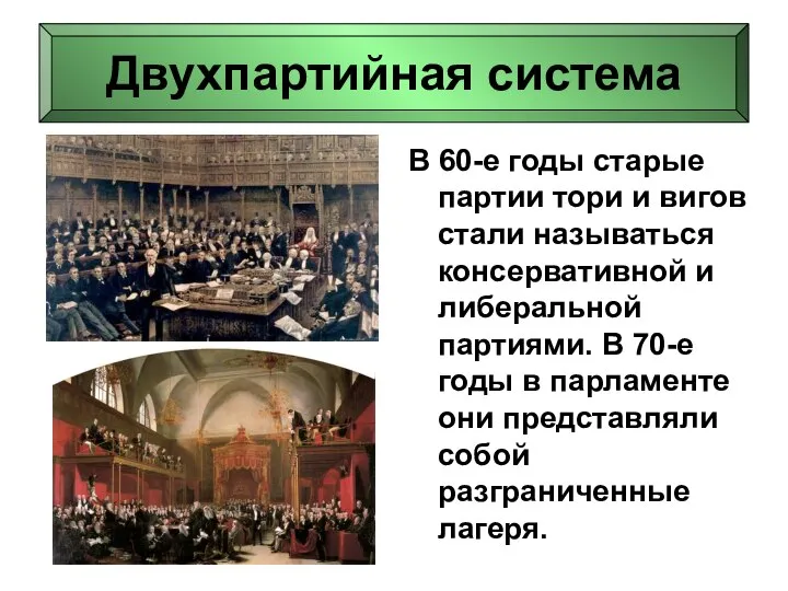 Двухпартийная система В 60-е годы старые партии тори и вигов стали