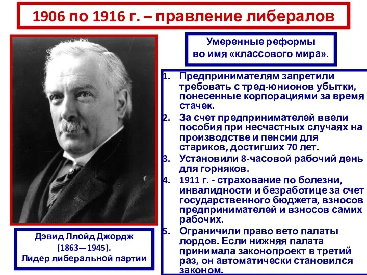 1906 по 1916 г. – правление либералов Предпринимателям запретили требовать с