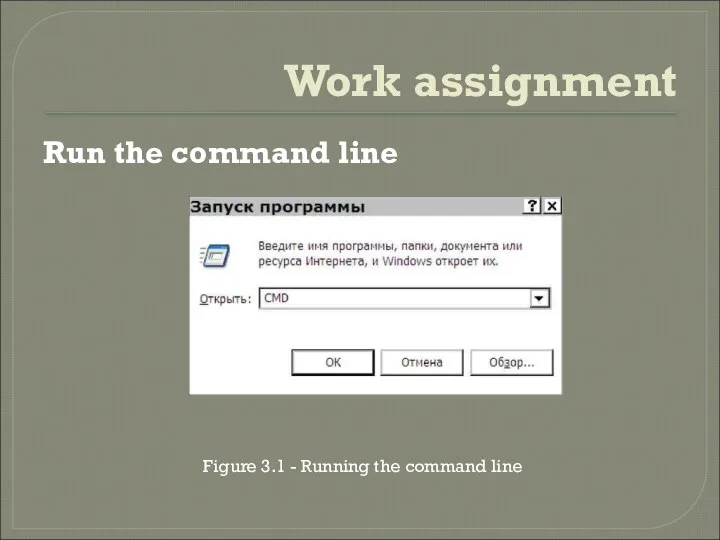 Work assignment Run the command line Figure 3.1 - Running the command line