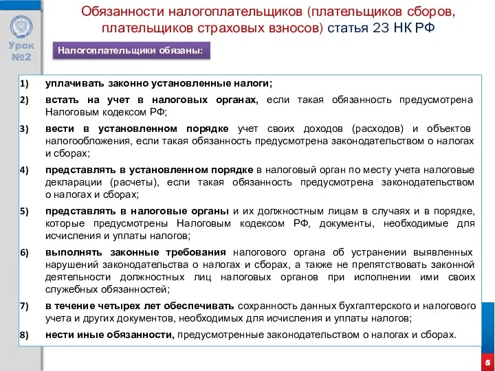 Обязанности налогоплательщиков (плательщиков сборов, плательщиков страховых взносов) статья 23 НК РФ