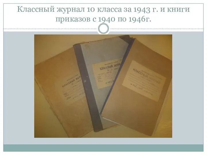 Классный журнал 10 класса за 1943 г. и книги приказов с 1940 по 1946г.