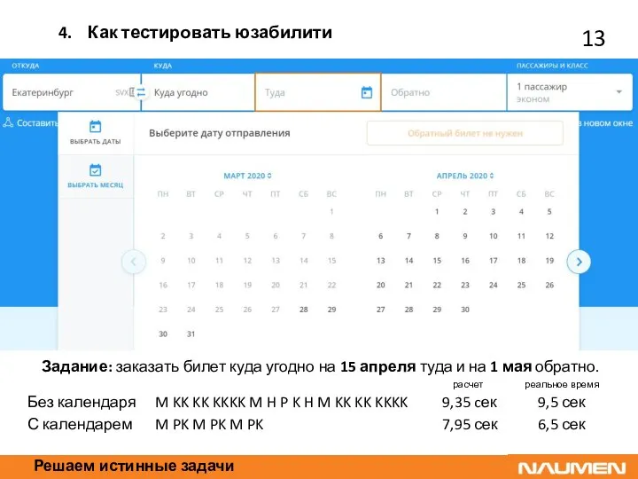 Решаем истинные задачи Задание: заказать билет куда угодно на 15 апреля