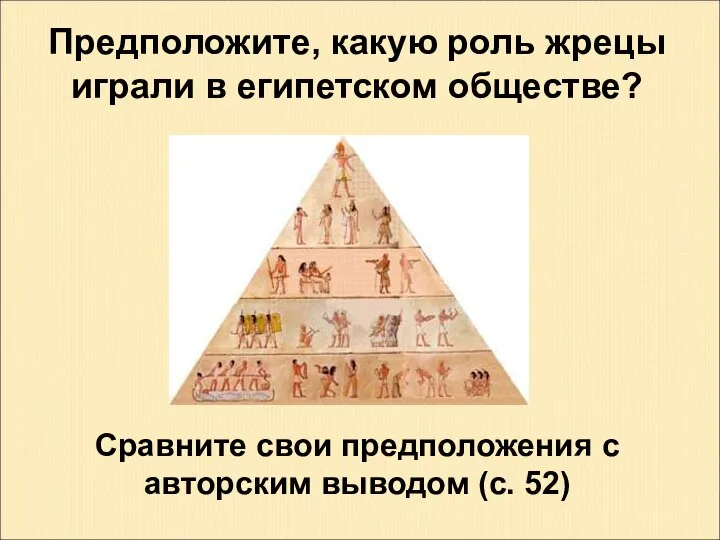 Предположите, какую роль жрецы играли в египетском обществе? Сравните свои предположения с авторским выводом (с. 52)