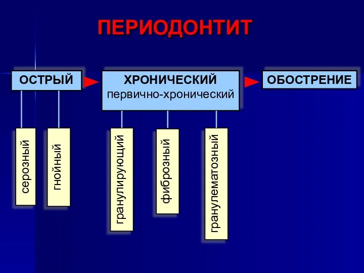 ОСТРЫЙ ХРОНИЧЕСКИЙ первично-хронический ОБОСТРЕНИЕ серозный гнойный гранулирующий фиброзный гранулематозный ПЕРИОДОНТИТ