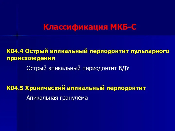 Классификация МКБ-С K04.4 Острый апикальный периодонтит пульпарного происхождения Острый апикальный периодонтит