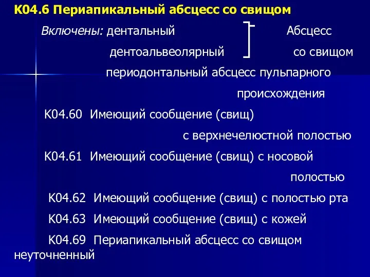 K04.6 Периапикальный абсцесс со свищом Включены: дентальный Абсцесс дентоальвеолярный со свищом