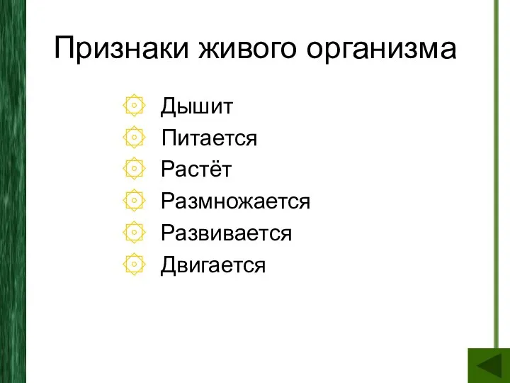 Признаки живого организма Дышит Питается Растёт Размножается Развивается Двигается