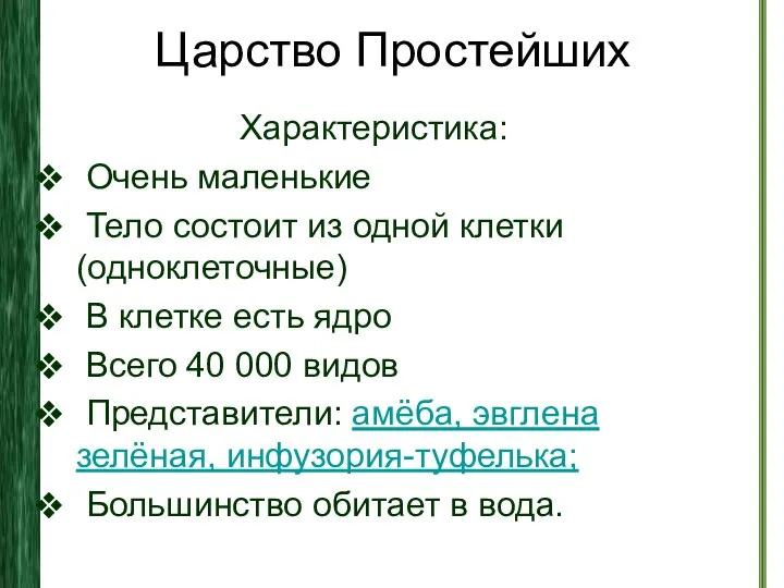 Царство Простейших Характеристика: Очень маленькие Тело состоит из одной клетки (одноклеточные)