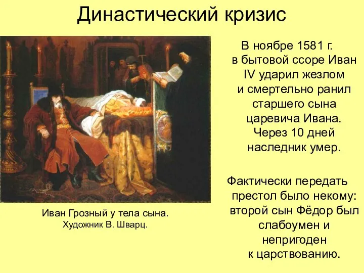 Династический кризис В ноябре 1581 г. в бытовой ссоре Иван IV